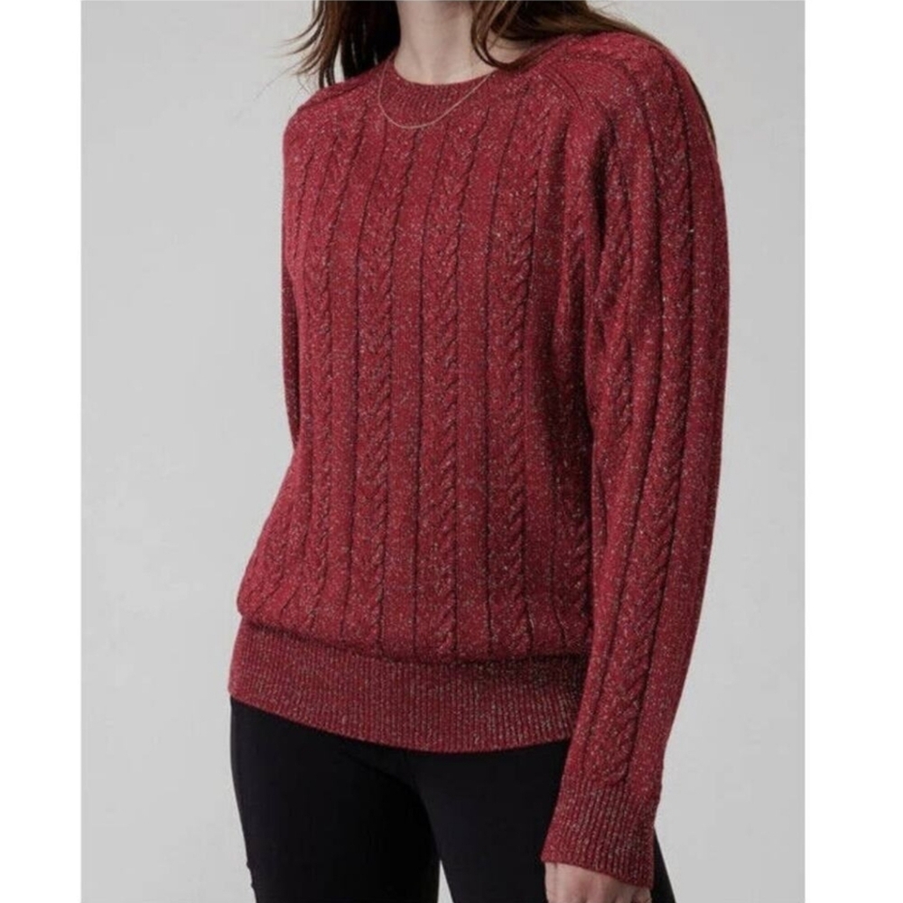 ATHLETA Shimmer Red Silver Cable Knit Sweater Womens Crew Holiday Crossroads S